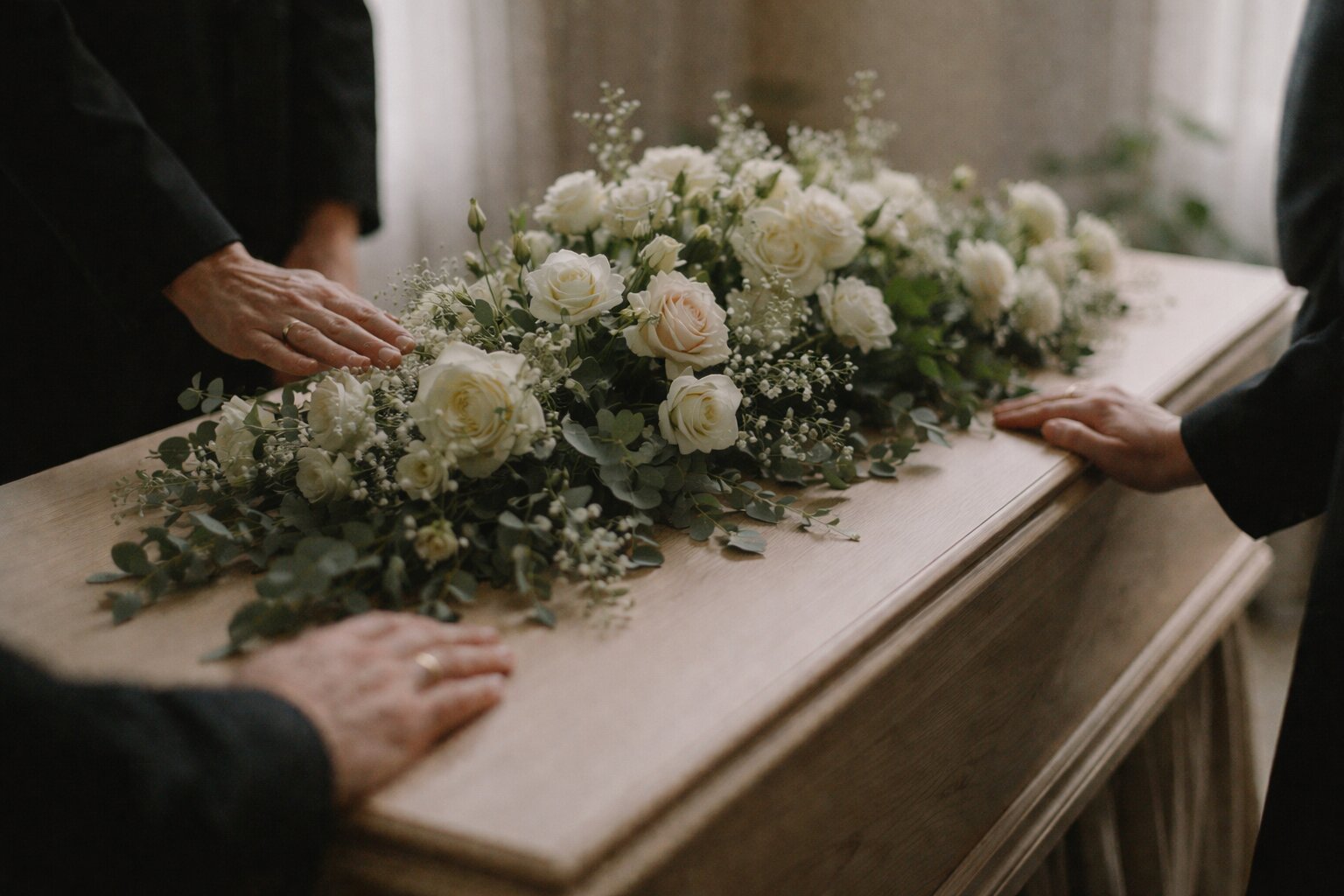 Cerimónia fúnebre com flores e velas
